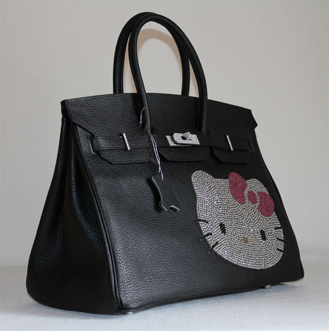 High Quality Fake Hermes Birkin Hello Kitty 35CM Togo Leather Bag Black HK0001 (8)